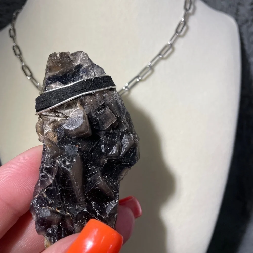 Raw black fluorite cube crystal necklace 3”x1” XL BILS- boho style - Picture 3 of 5